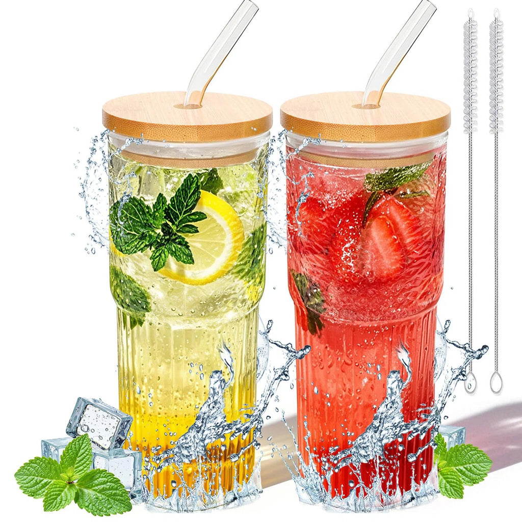 Ribbed Glassware Large Cup, Glass Cups With Lids And Straws,Iced Coffee Cups With Lids,Glasses Drinking Set,Cute Cups,(Clear/2 PCS)