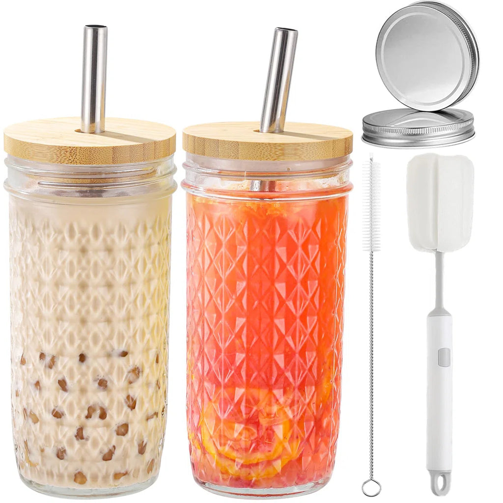 Glass Cups Set,24Oz Mason Jar Drinking Glasses With Bamboo Lids & Straws & 2 Airtight Lids, Cute Reusable Smoothie Cup, Iced Coffee Glasses, Travel Tumbler For Bubble Tea, Juice,(Clear/ 2 Pcs)
