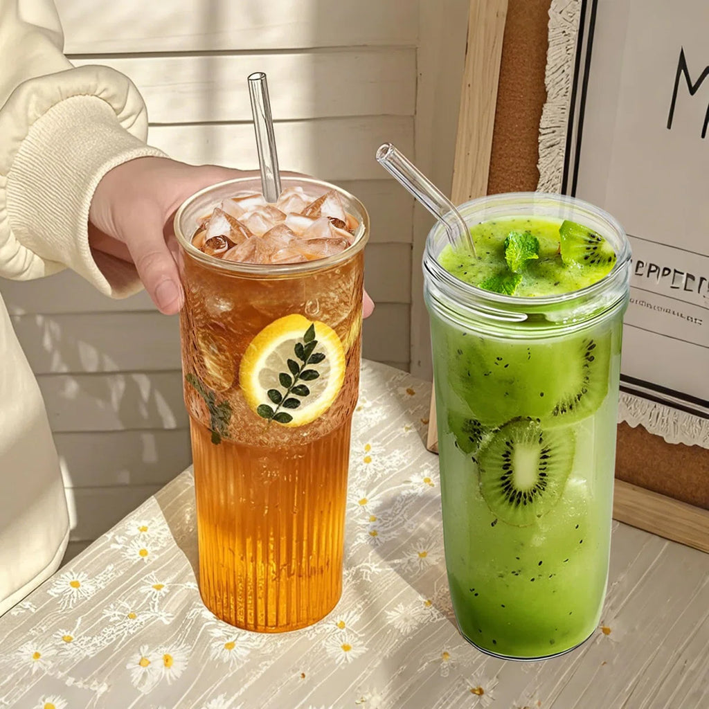 Ribbed Glassware Large Cup, Glass Cups With Lids And Straws,Iced Coffee Cups With Lids,Glasses Drinking Set,Cute Cups,(Clear/2 PCS)