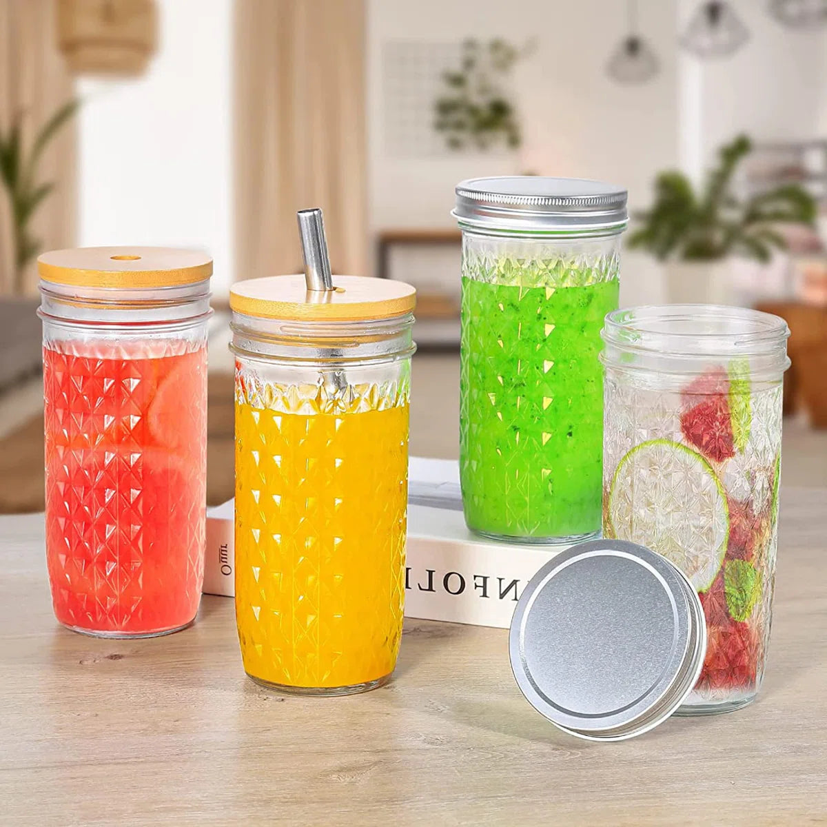 Glass Cups Set,24Oz Mason Jar Drinking Glasses With Bamboo Lids & Straws & 2 Airtight Lids, Cute Reusable Smoothie Cup, Iced Coffee Glasses, Travel Tumbler For Bubble Tea, Juice,(Clear/ 2 Pcs)