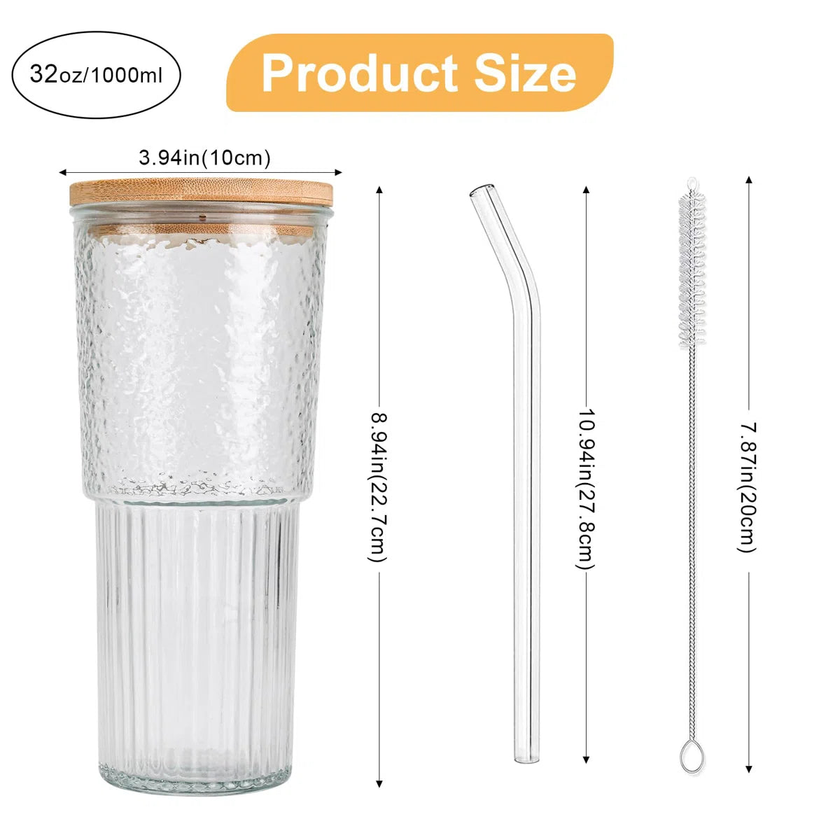 Ribbed Glassware Large Cup, Glass Cups With Lids And Straws,Iced Coffee Cups With Lids,Glasses Drinking Set,Cute Cups,(Clear/2 PCS)