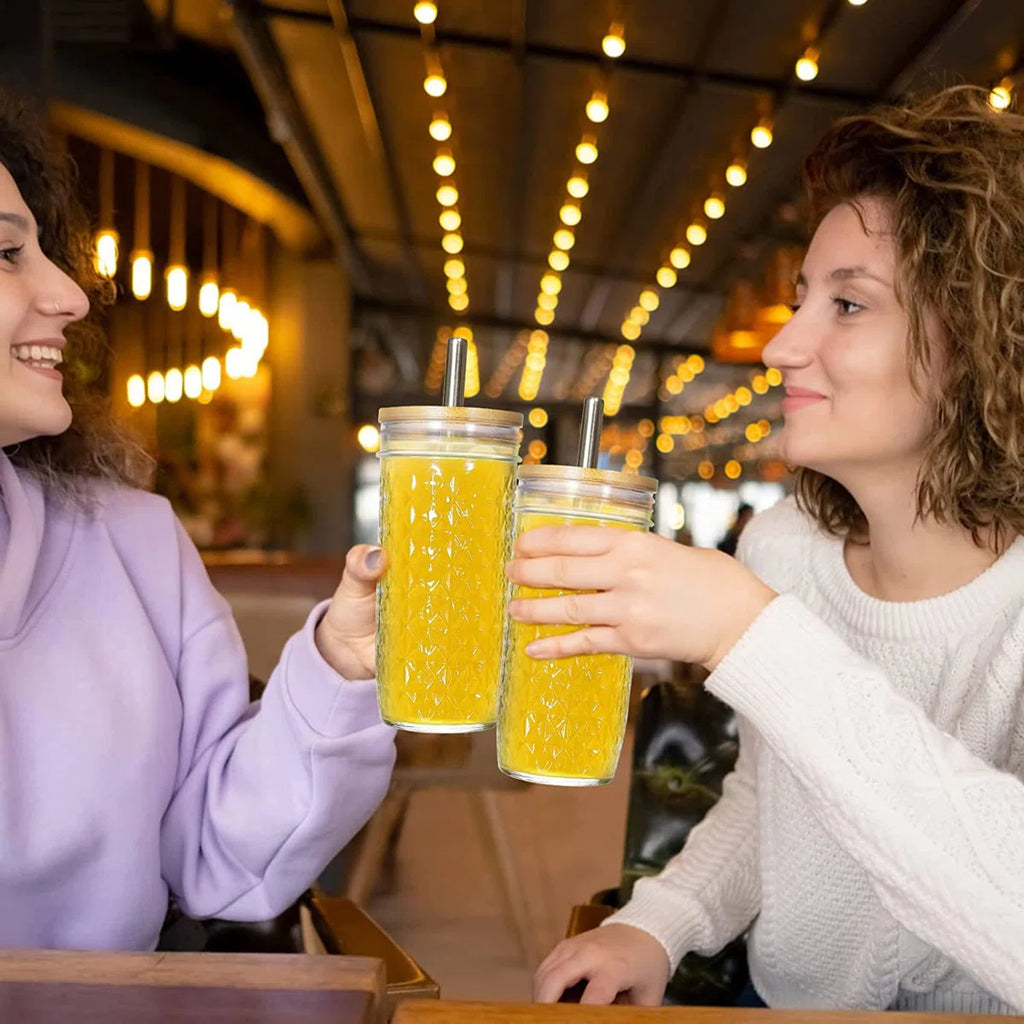 Glass Cups Set,24Oz Mason Jar Drinking Glasses With Bamboo Lids & Straws & 2 Airtight Lids, Cute Reusable Smoothie Cup, Iced Coffee Glasses, Travel Tumbler For Bubble Tea, Juice,(Clear/ 2 Pcs)