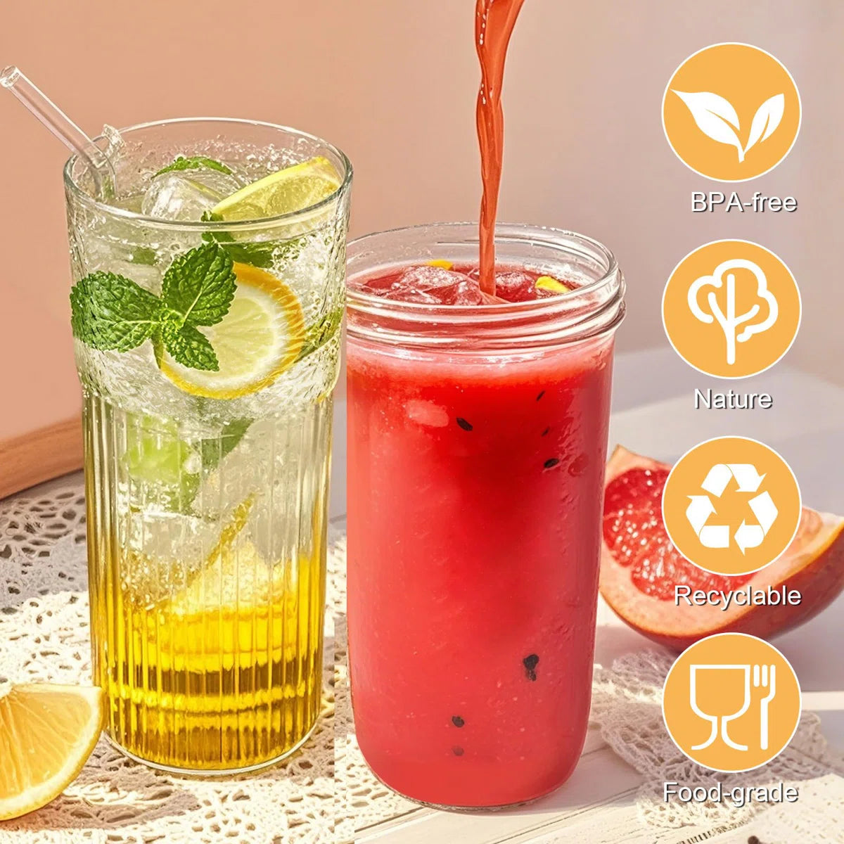 Ribbed Glassware Large Cup, Glass Cups With Lids And Straws,Iced Coffee Cups With Lids,Glasses Drinking Set,Cute Cups,(Clear/2 PCS)