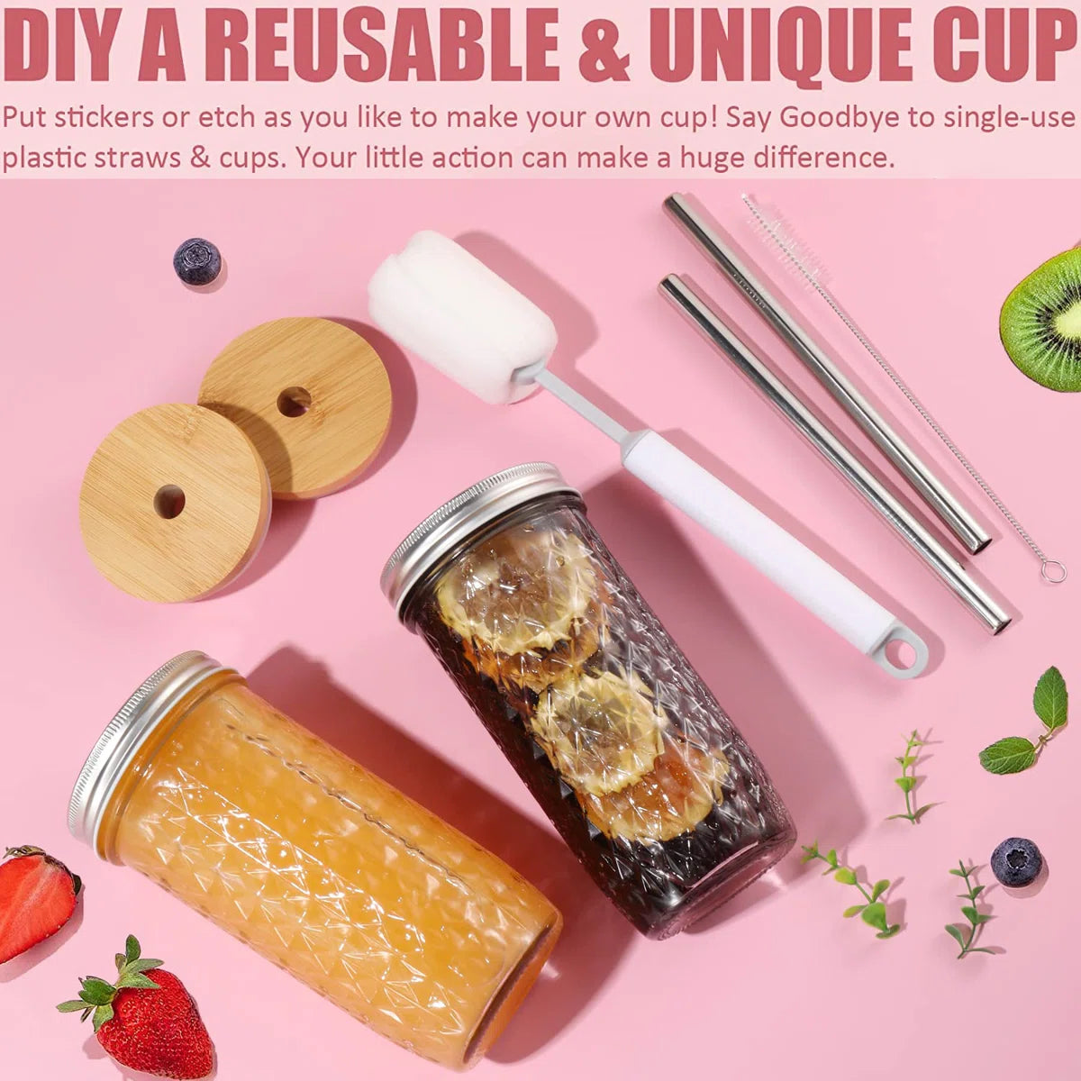 Glass Cups Set,24Oz Mason Jar Drinking Glasses With Bamboo Lids & Straws & 2 Airtight Lids, Cute Reusable Smoothie Cup, Iced Coffee Glasses, Travel Tumbler For Bubble Tea, Juice,(Clear/ 2 Pcs)