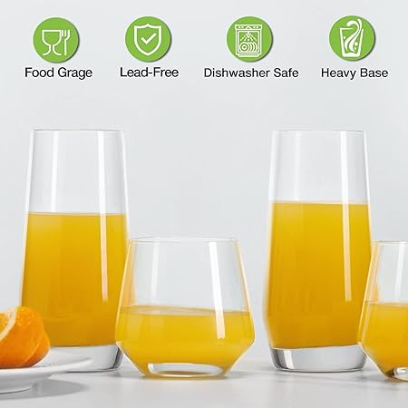 Drinking Glasses Set of 8-4 Tall Glass Cups 18 oz & 4 Short Stemless Wine Glasses 13 oz, Highball Glasses, Glassware Sets for Cocktail, Beer, Wine, Whiskey, Water & Juice Drinkware