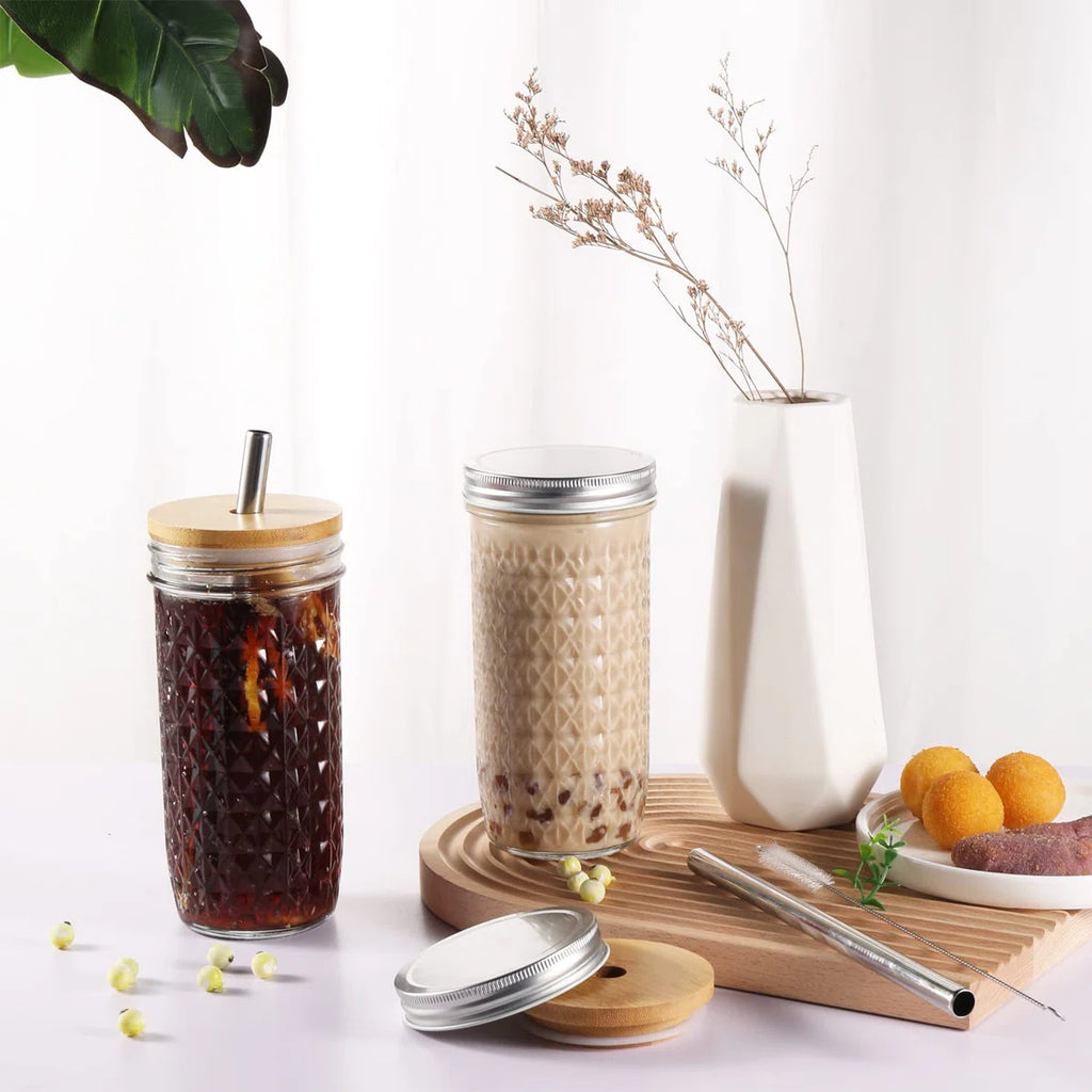 Glass Cups Set,24Oz Mason Jar Drinking Glasses With Bamboo Lids & Straws & 2 Airtight Lids, Cute Reusable Smoothie Cup, Iced Coffee Glasses, Travel Tumbler For Bubble Tea, Juice,(Clear/ 2 Pcs)