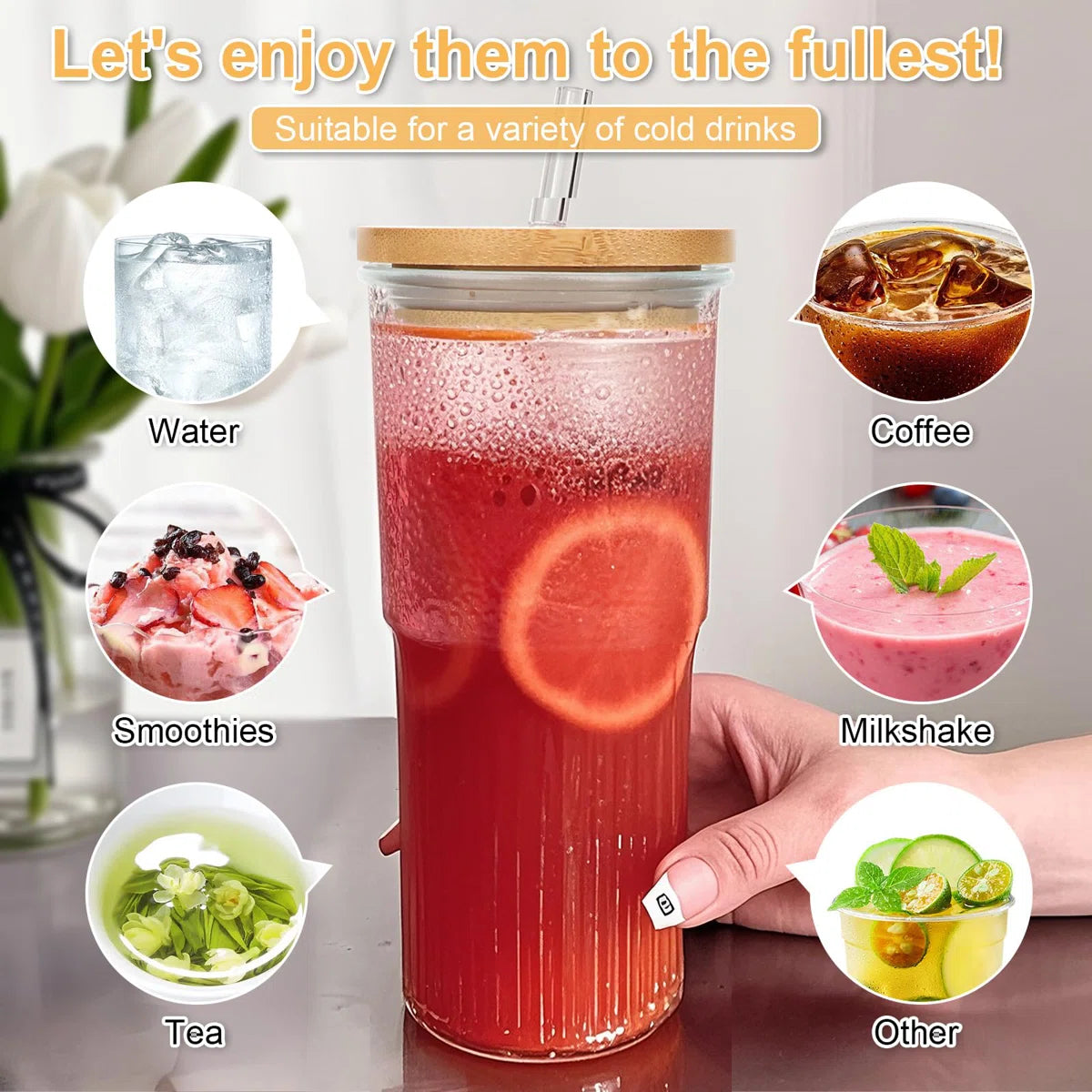 Ribbed Glassware Large Cup, Glass Cups With Lids And Straws,Iced Coffee Cups With Lids,Glasses Drinking Set,Cute Cups,(Clear/2 PCS)