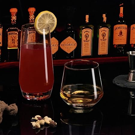 Drinking Glasses Set of 8-4 Tall Glass Cups 18 oz & 4 Short Stemless Wine Glasses 13 oz, Highball Glasses, Glassware Sets for Cocktail, Beer, Wine, Whiskey, Water & Juice Drinkware