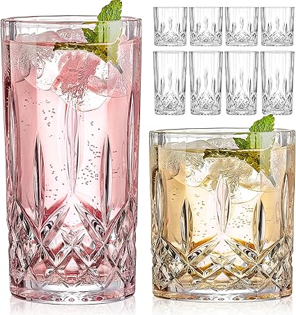 Drinking Glasses, 8 Piece Crystal Glass Cups, Mixed Glassware Set, 4 pcs Crystal Old Fashioned 11oz Highballs and 4 pcs 11oz Whiskey Glasses, Great for Cocktail, Whisky and other Beverages