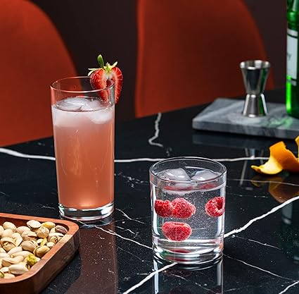 Everyday Drinking Glasses Set of 8 Drinkware Hurricane Glasses, Kitchen Glasses for Cocktail, Iced Coffee, Beer, Ice Tea, Wine, Whiskey, Water, 4 Tall Glass Cups & 4 Short Dof Drinking Glass